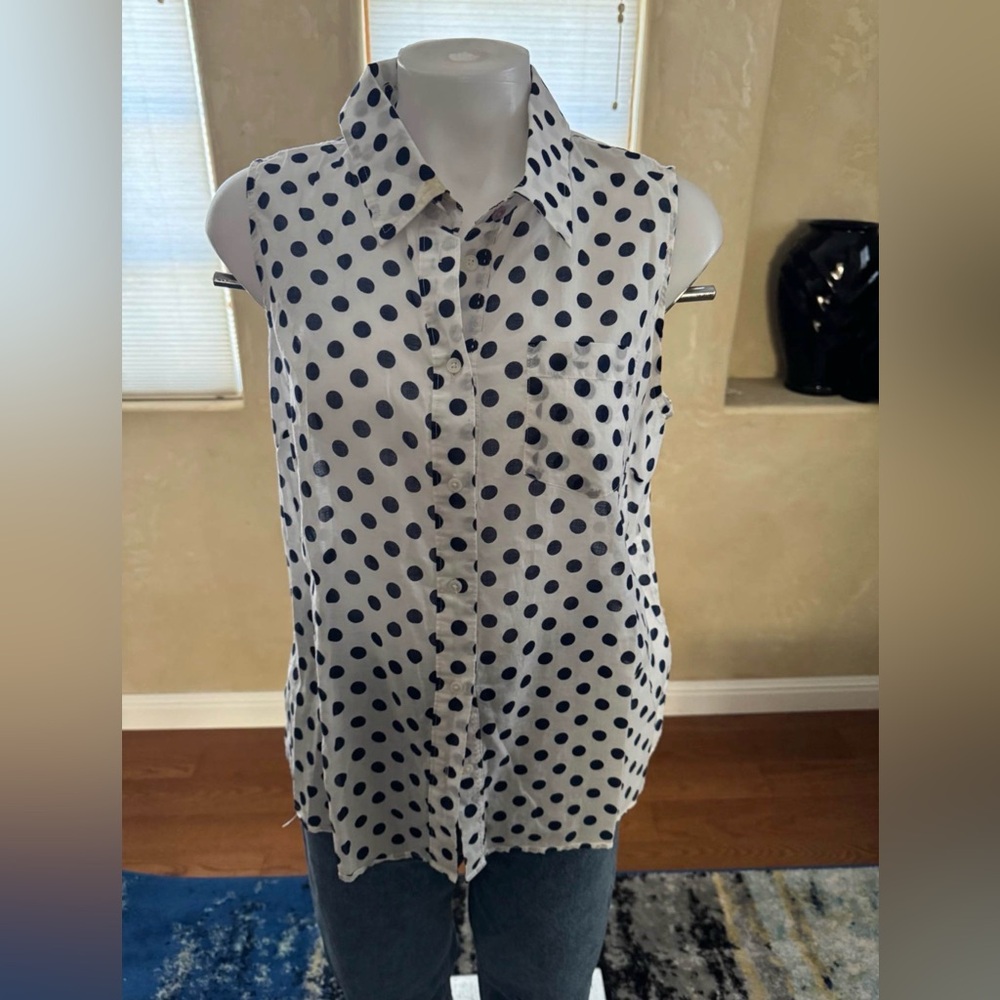 Boden Sleeveless Button Up Polka Dot Top White Navy 12